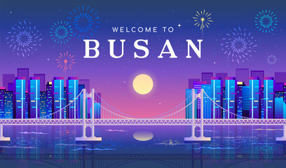 Welcome to Busan poster vector illustration. Beautiful Busan night city landscape.