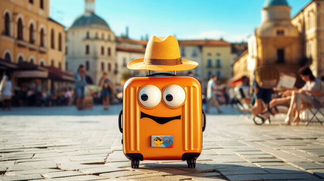 Funny suitcase-traveler in a hat against a cityscape. Humanized cartoon Luggage with eyes. Concept of travel. Generative AI