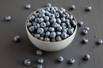 Organic Blueberries in a Bowl, side view.