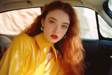 Fototapeta na wymiar portrait of a woman/model/book character in a car in warm daylight with a thoughtful/sad expression in a fashion/beauty editorial magazine style film photography look - generative ai art
