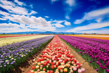 Fototapeta na wymiar expansive panoramic shot of a vibrant and colorful flower field in full bloom, with rows of blossoming flowers stretching across the landscape
