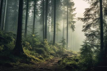 Fototapeta premium mesmerizing panoramic view of a dense, misty forest, with towering trees enveloped in fog, creating an ethereal and mystical atmosphere