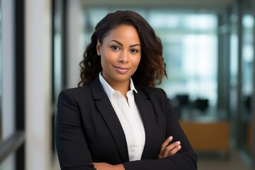 Fototapeta na wymiar African American millennial 30s successful confident businesswoman feminism worker lady boss female leader girl Latina business woman posing crossed arms looking at camera in office corporate portrait