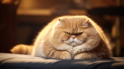 A lazy chubby funny fat cat, obese, overweight pet looking angry at camera copy space, medical health concept animals