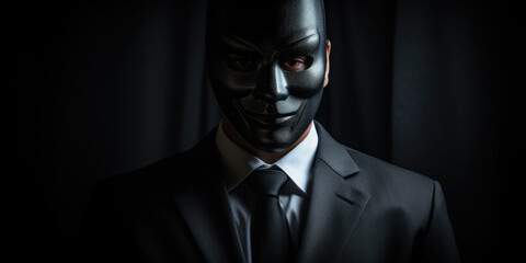 A man in a suit wearing black mask. Hiding his true identity, intentions, or actions. The sense of manipulation. A powerful representation of dishonesty and deception