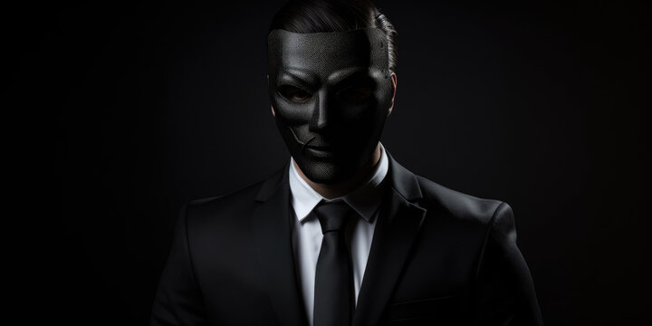 A man in a suit wearing black mask. Hiding his true identity, intentions, or actions. The sense of manipulation. A powerful representation of dishonesty and deception
