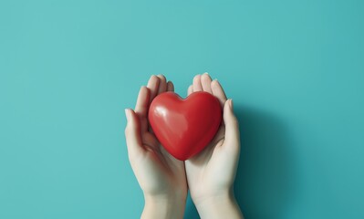Fototapeta premium Female hands holding a red heart on a blue background ai generated