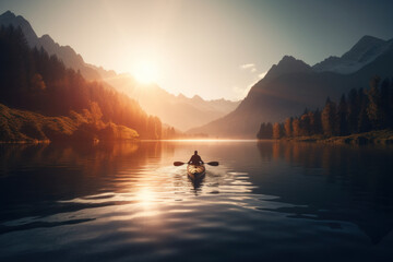 Lone traveller on a kayak with alpine view of mountains and trees with lake at sunrise capturing the peace and tranquility of mindfulness in nature. - 621340420