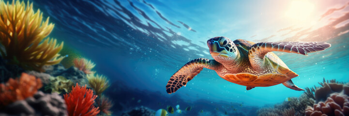 Close up underwater wild turtle floating over blue beautiful natural ocean background, with sunlight through water surface