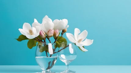 Magnolias flowers in crystal glasses against sunny pastel blue background. Generative ai