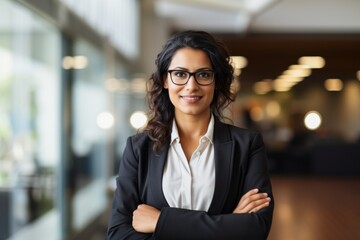 Hispanic smiling toothy Latino Indian successful confident Arabian businesswoman worker lady boss female leader girl business woman posing crossed hands looking at camera in office corporate portrait - obrazy, fototapety, plakaty