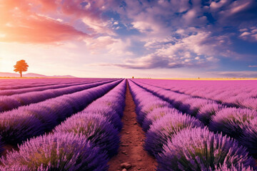Fototapeta na wymiar expansive panoramic shot of a vast lavender field in full bloom, with rows upon rows of purple flowers stretching as far as the eye can see, creating a stunning display of color