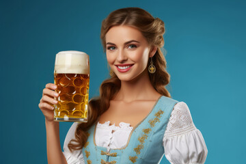 Portrait of an Oktoberfest waitress with a glass of beer wearing a traditional costume