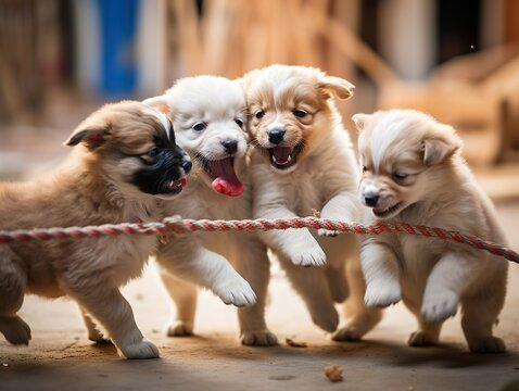 The photograph depicts a playful scene of mischievous puppy babies engaging in a friendly game of tug-of-war.
