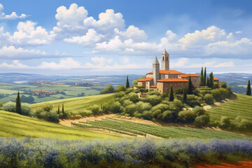 expansive panoramic view of a peaceful countryside, with rolling green hills, meandering rivers, and charming farmhouses dotted across the landscape, creating a serene