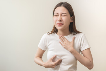 Acid reflux disease, suffer asian young woman have symptom gastroesophageal, esophageal, stomach...