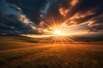 Naklejka na ściany i meble stunning panoramic shot of a colorful sunrise over a wide open field, with the soft rays of light illuminating the landscape and casting a golden glow on the surrounding nature