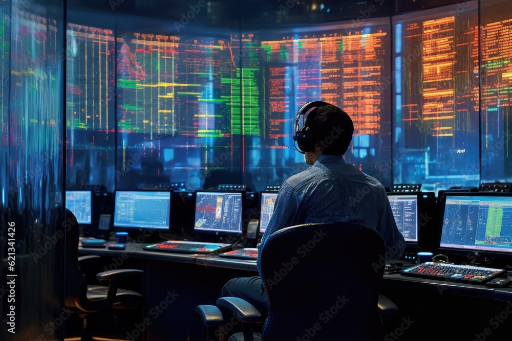 Poster on a bustling trading floor, a broker is absorbed in screens displaying graphs and numbers. generati