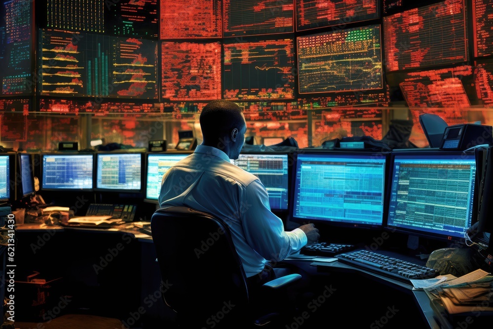 Poster on a bustling trading floor, a broker is absorbed in screens displaying graphs and numbers. generati