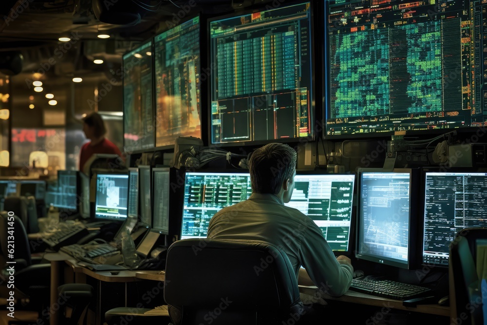 Poster on a bustling trading floor, a broker is absorbed in screens displaying graphs and numbers. generati