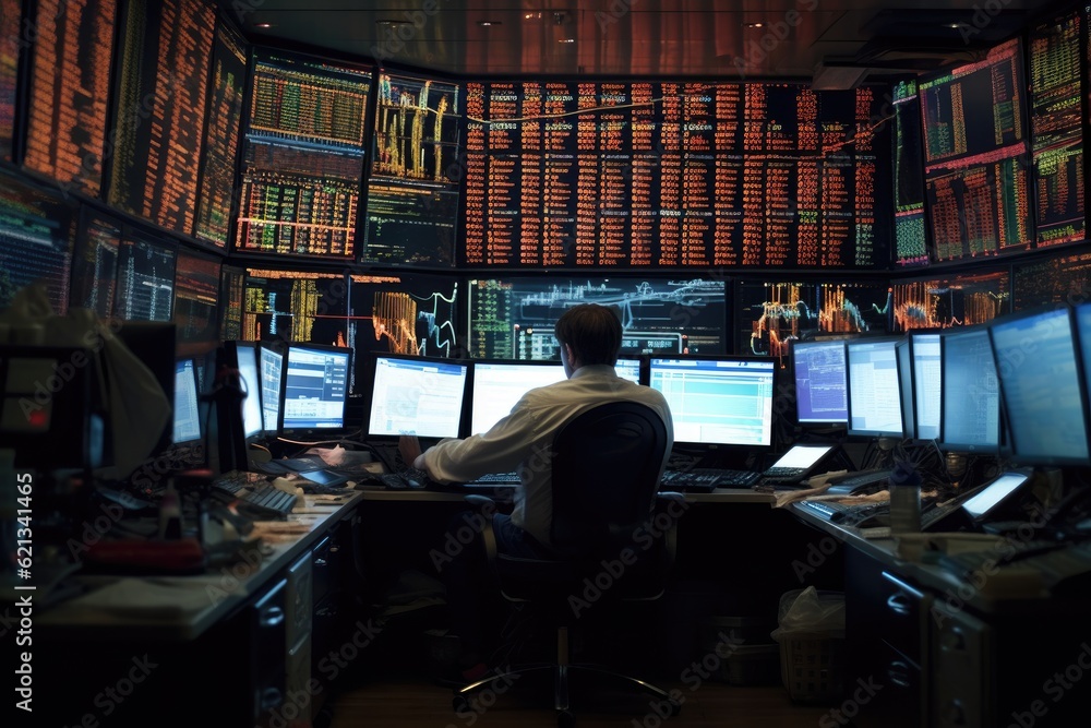Poster on a bustling trading floor, a broker is absorbed in screens displaying graphs and numbers. generati