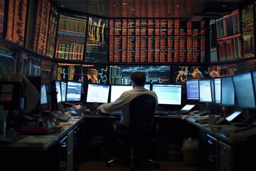 On a bustling trading floor, a broker is absorbed in screens displaying graphs and numbers. Generative AI