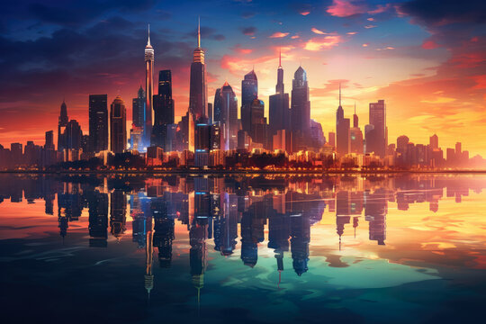 panoramic view of a vibrant city skyline at twilight, with illuminated skyscrapers, city lights reflecting on the calm river, and a captivating blend of urban energy