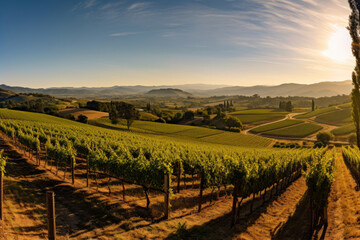 expansive panoramic shot of a sun-drenched vineyard in the countryside, with rows of grapevines, a charming winery, and rolling hills in the background, epitomizing the beauty