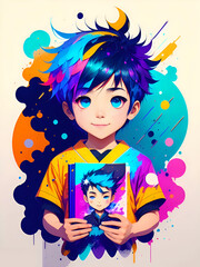 Abstract Colorful Paint Splash Young Boy With Book. Generative AI