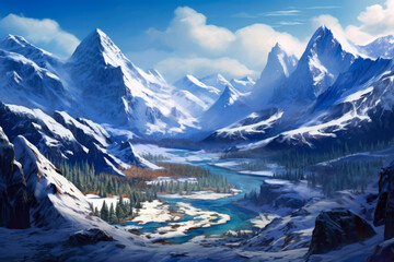 awe-inspiring panoramic shot of a snow-covered mountain range, with towering peaks, deep valleys, and a pristine winter landscape, evoking a sense of grandeur and awe
