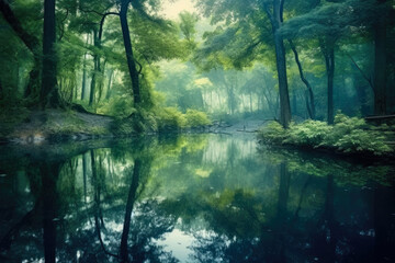 Obraz premium panoramic view of a tranquil forest lake surrounded by lush green trees, with the reflection of the surrounding nature mirrored on the glass-like water surface