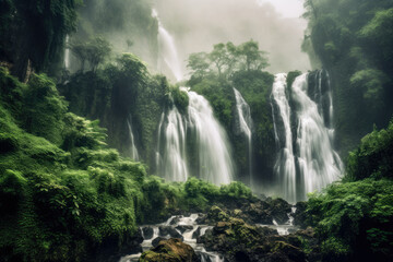 Fototapeta premium mesmerizing panoramic shot of a majestic waterfall surrounded by lush greenery, with water cascading down rocks and creating a misty atmosphere, evoking a sense of wonder and awe