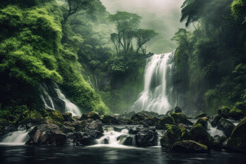 Fototapeta na wymiar mesmerizing panoramic shot of a majestic waterfall surrounded by lush greenery, with water cascading down rocks and creating a misty atmosphere, evoking a sense of wonder and awe