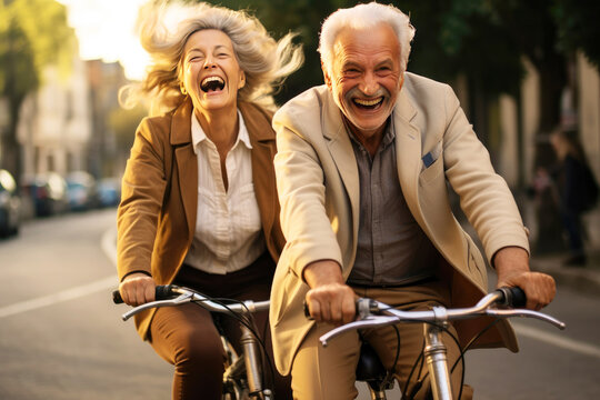 Laughing senior husband and wife riding a bicycle in the city. Active old age
