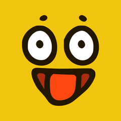 Funny emoticon showing tongue in doodle style yellow background. Vector Illustration