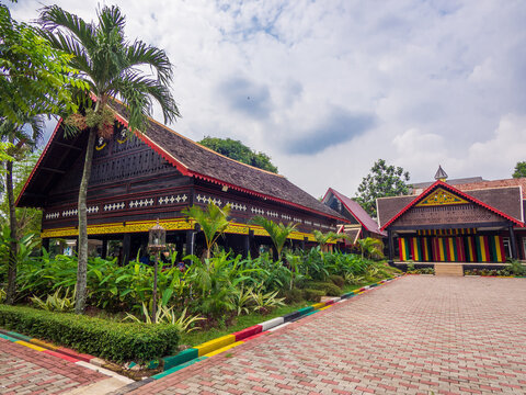 Jakarta, Indonesia (July 8, 2023): Acehnese traditional house or better known as "Rumoh Aceh" is a traditional house of the Acehnese tribe.