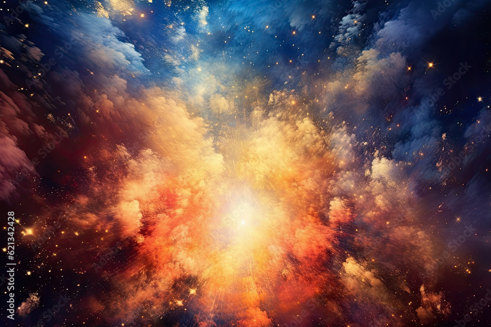 Wall mural celestial collision of stars and galaxies, exploding in a dazzling display of cosmic fireworks
