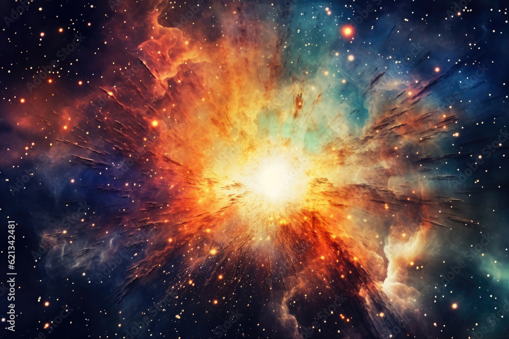 Wall mural celestial collision of stars and galaxies, exploding in a dazzling display of cosmic fireworks