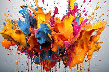 cascade of vibrant paint splatters suspended in mid-air, frozen in a moment of dynamic motion and creativity