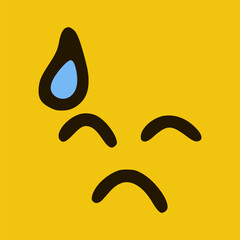 Sad face emoticon in doodle style yellow background. Vector Illustration