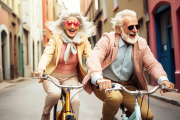 Fototapeta na wymiar Senior husband and wife embracing an active lifestyle on their bikes