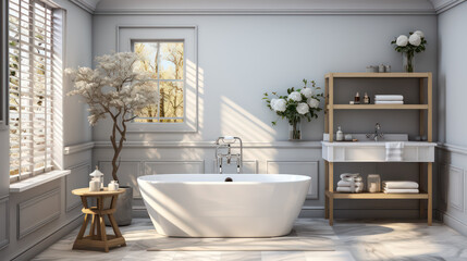 Fototapeta na wymiar 3D Render Creating a Beautiful and Relaxing Clean Home: Design for the Bathroom Ideas and Resident's Relaxation in Day Light
