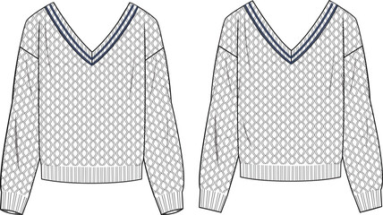 Women's Cable V-Neck Sweater. Technical fashion illustration. Front and back, white color. Women's CAD mock-up.