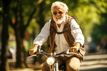 Fototapeta na wymiar Happy retiree with white hair in park on bike. Healthy lifestyle in old age
