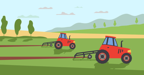 Agriculture and farming. Rural landscape.Agriculture company.Tractor cultivating field barn.Tractor plowing a field for planting crops.Vector flat illustration.