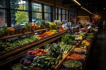 A bustling farmers market, rows of colorful fruits, vegetables, and local wares displayed. Generative AI