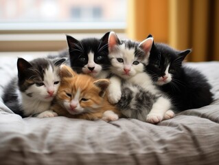 The image showcases a litter of adorable kitten siblings nestled together in a cozy, sunlit corner. The kittens, with their soft fur and round faces, are a mix of different colors and patterns.