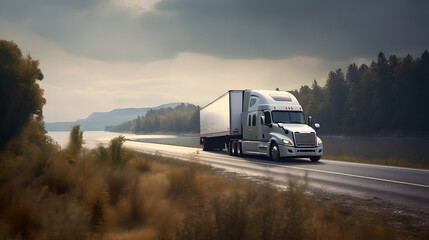 Big white semi truck driving on a road near lake. Semi truck transporting commercial cargo in refrigerated semi trailer down road with a green trees near lake