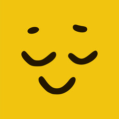 Cute happy face emoticon in doodle style yellow background. Vector Illustration
