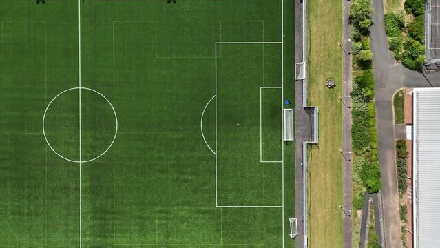 Aerial birdseye view of a football pitch in summer